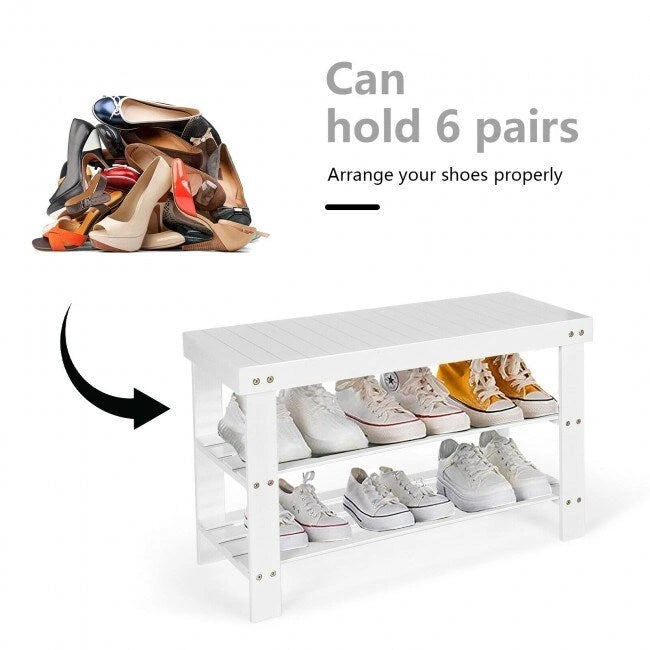Banco Zapatero de Bambú de 2 Niveles – Natural / Negro / Blanco, 1 asiento