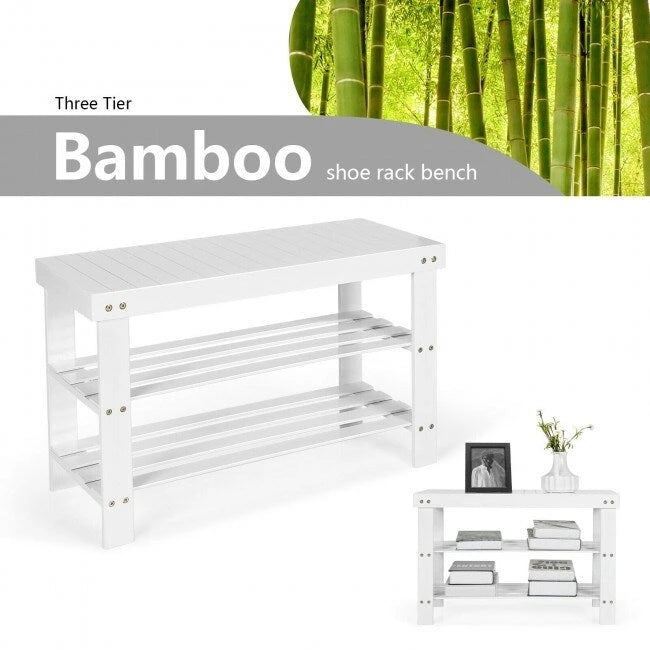 Banco Zapatero de Bambú de 2 Niveles – Natural / Negro / Blanco, 1 asiento