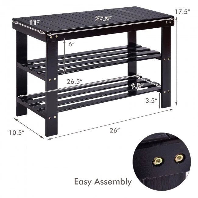 Banco Zapatero de Bambú de 2 Niveles – Natural / Negro / Blanco, 1 asiento