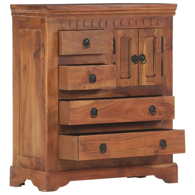 Aparador marrón de madera maciza de acacia con 4 cajones y 2 puertas