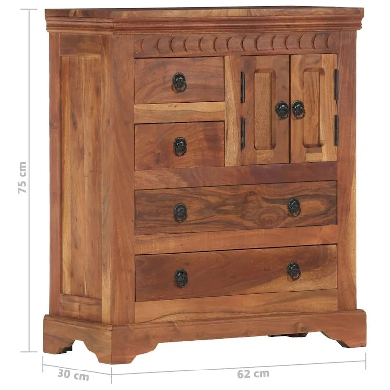 Aparador marrón de madera maciza de acacia con 4 cajones y 2 puertas