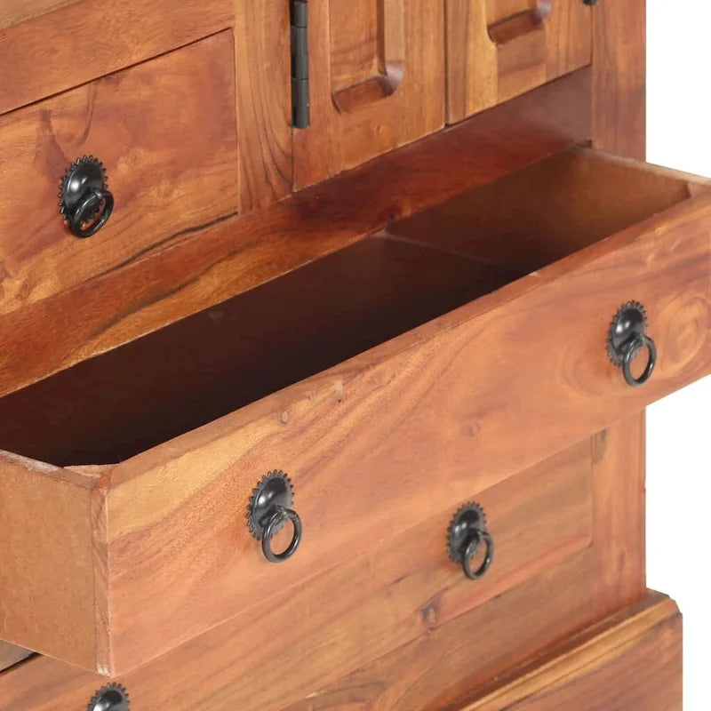 Aparador marrón de madera maciza de acacia con 4 cajones y 2 puertas