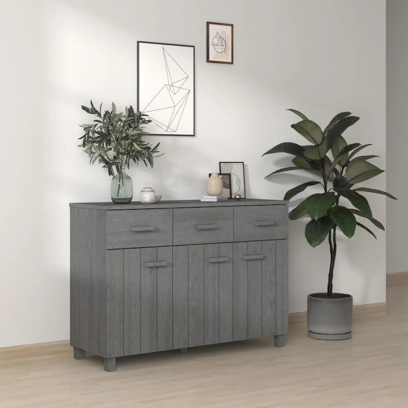Aparador de pino macizo con 3 puertas y 3 cajones – Gris claro / Blanco / Gris oscuro, Asientos 1