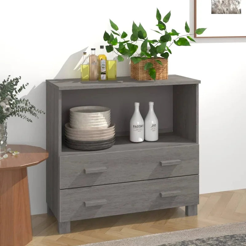 Aparador de madera maciza de pino en gris oscuro / gris claro / blanco / miel con 2 cajones y 1 compartimento – Montaje por 1 persona