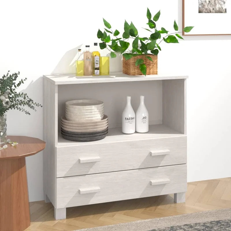 Aparador de madera maciza de pino en gris oscuro / gris claro / blanco / miel con 2 cajones y 1 compartimento – Montaje por 1 persona