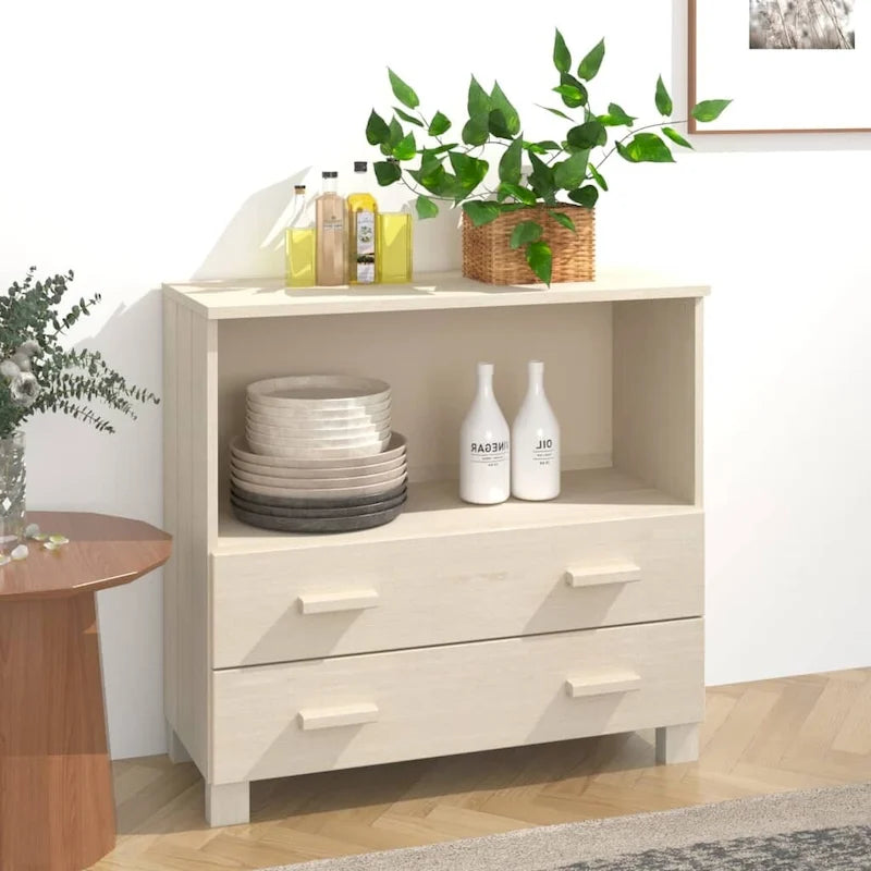 Aparador de madera maciza de pino en gris oscuro / gris claro / blanco / miel con 2 cajones y 1 compartimento – Montaje por 1 persona