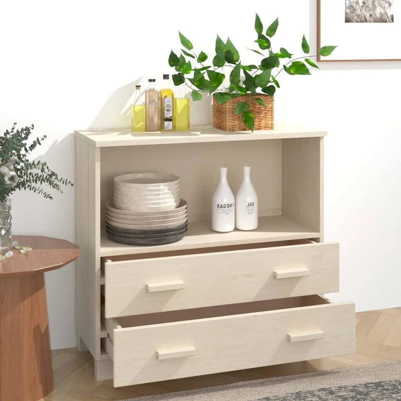 Aparador de madera maciza de pino en gris oscuro / gris claro / blanco / miel con 2 cajones y 1 compartimento – Montaje por 1 persona