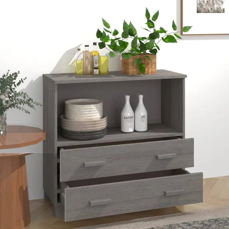 Aparador de madera maciza de pino en gris oscuro / gris claro / blanco / miel con 2 cajones y 1 compartimento – Montaje por 1 persona
