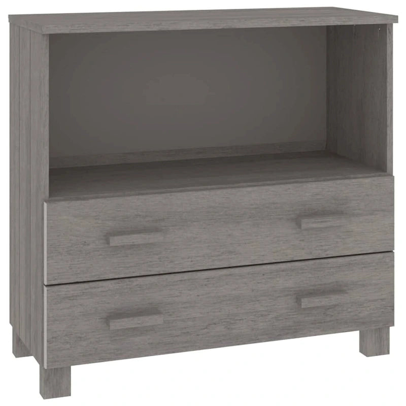 Aparador de madera maciza de pino en gris oscuro / gris claro / blanco / miel con 2 cajones y 1 compartimento – Montaje por 1 persona