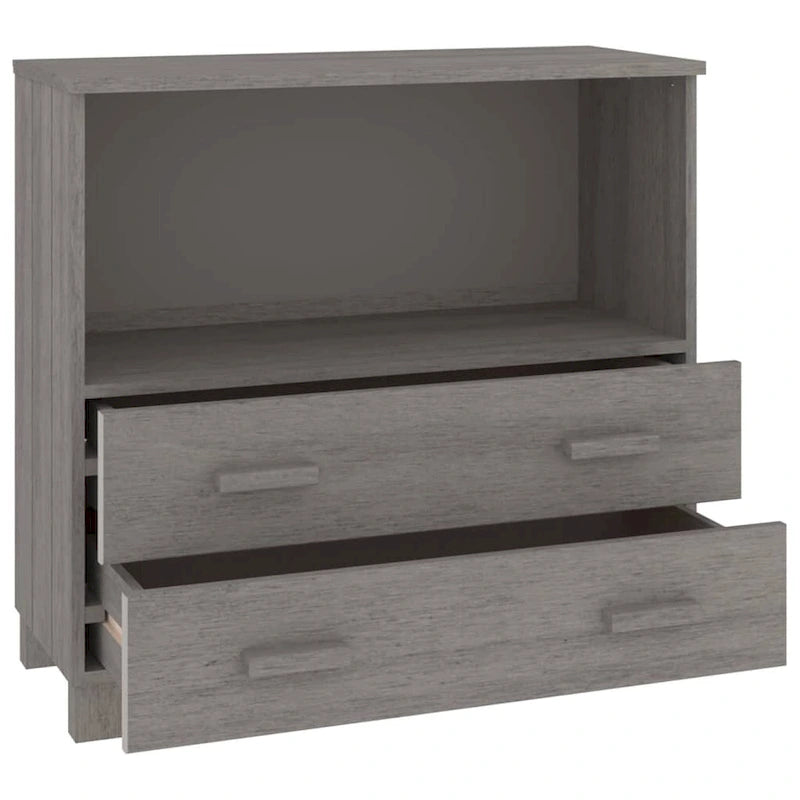 Aparador de madera maciza de pino en gris oscuro / gris claro / blanco / miel con 2 cajones y 1 compartimento – Montaje por 1 persona