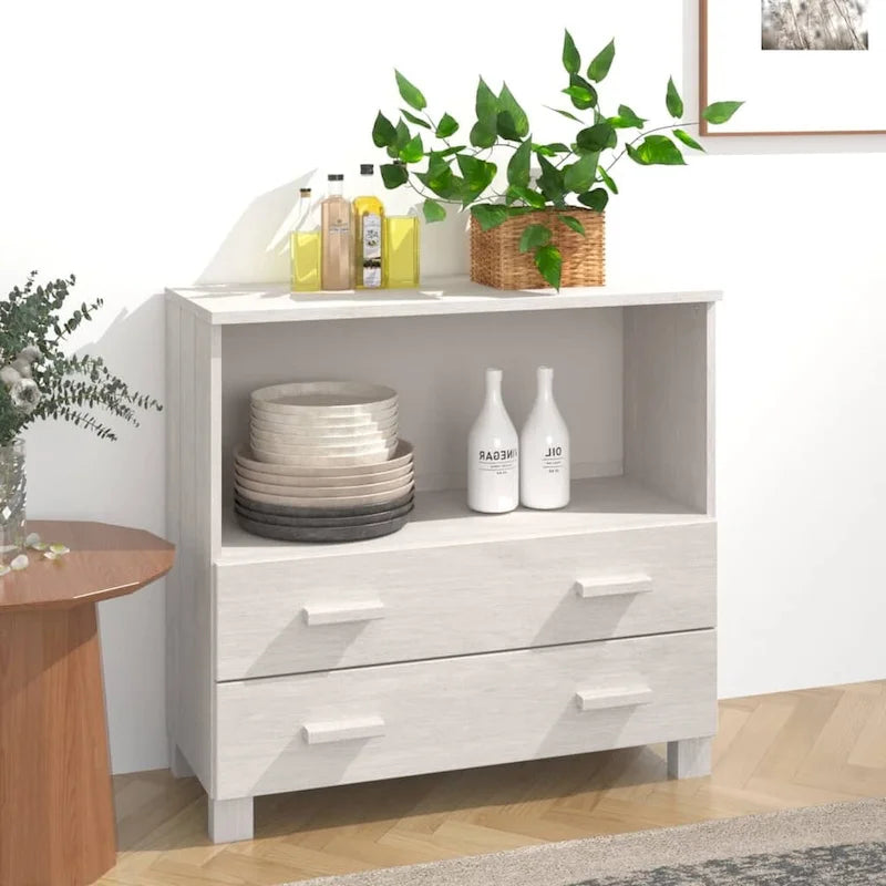 Aparador de madera maciza de pino en gris oscuro / gris claro / blanco / miel con 2 cajones y 1 compartimento – Montaje por 1 persona