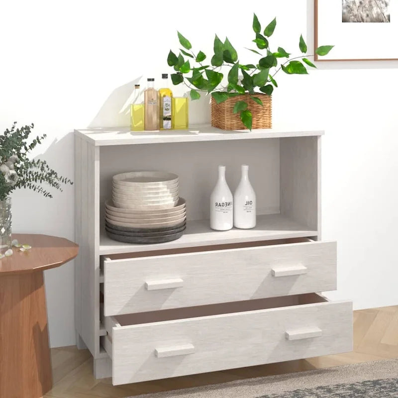 Aparador de madera maciza de pino en gris oscuro / gris claro / blanco / miel con 2 cajones y 1 compartimento – Montaje por 1 persona