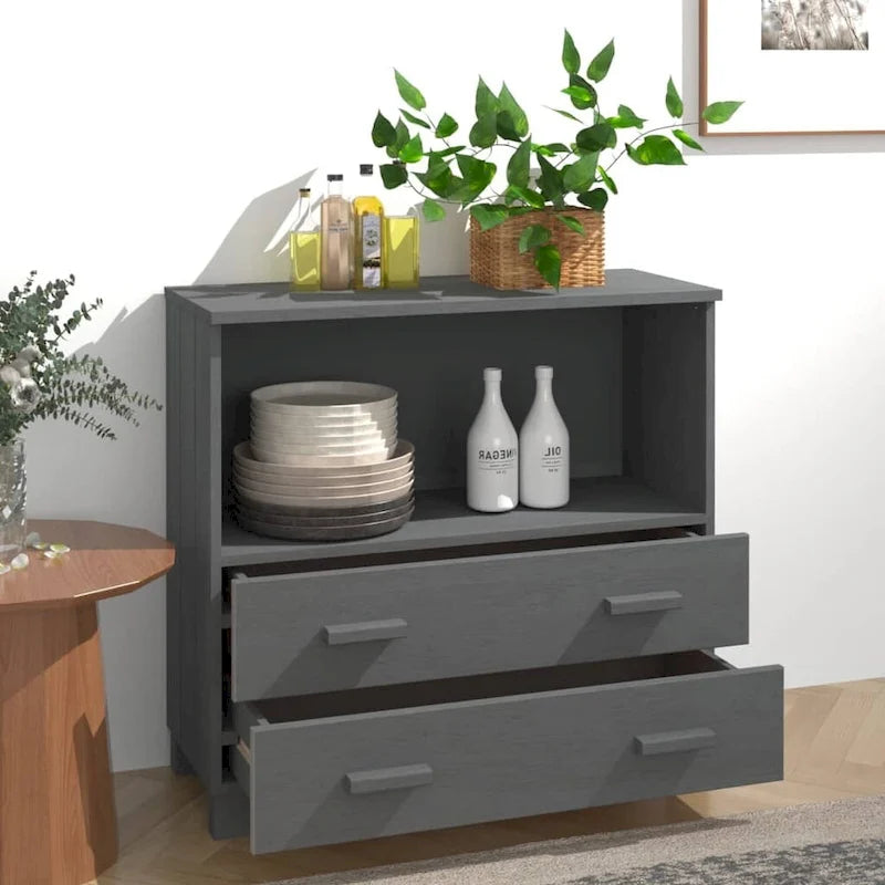 Aparador de madera maciza de pino en gris oscuro / gris claro / blanco / miel con 2 cajones y 1 compartimento – Montaje por 1 persona