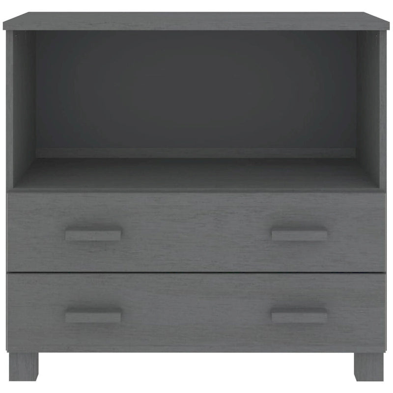 Aparador de madera maciza de pino en gris oscuro / gris claro / blanco / miel con 2 cajones y 1 compartimento – Montaje por 1 persona