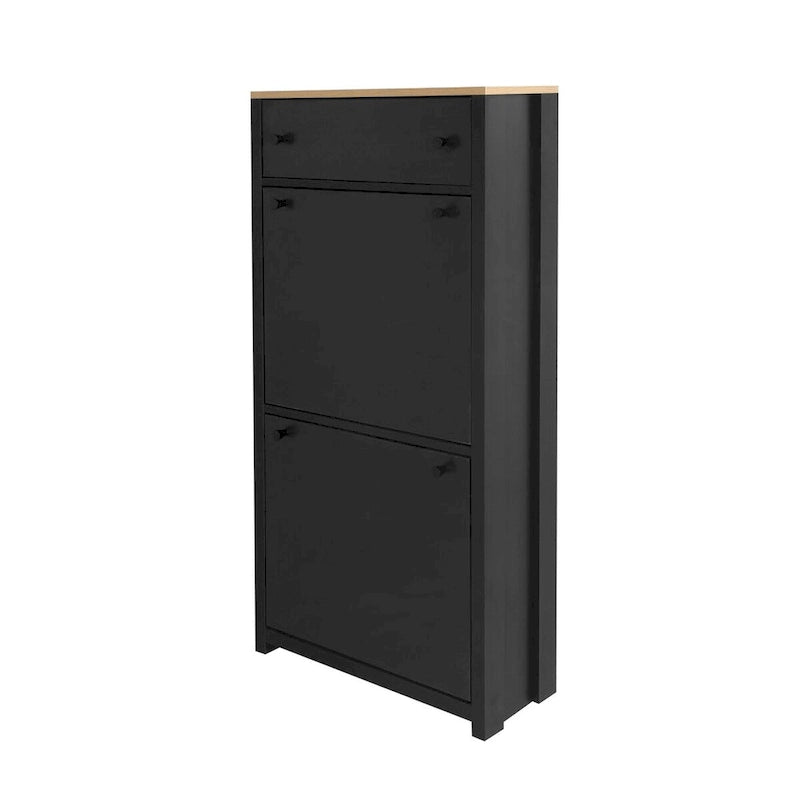 Zapatero con puerta abatible (blanco/negro) con cajón, para 2 personas, 12 pares