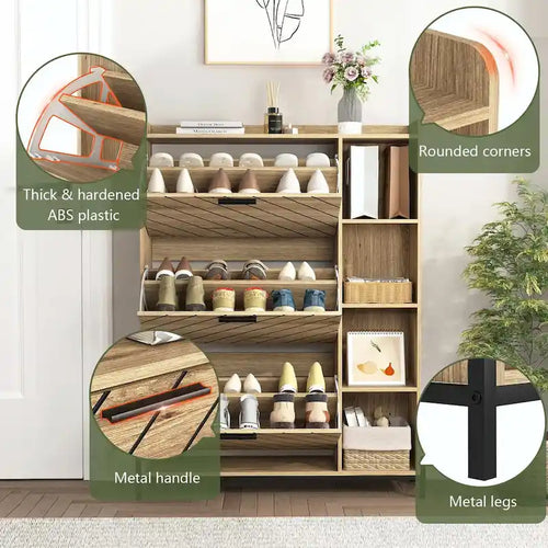 Armario zapatero abatible de 3 puertas con estante abierto, negro/natural – 1 persona