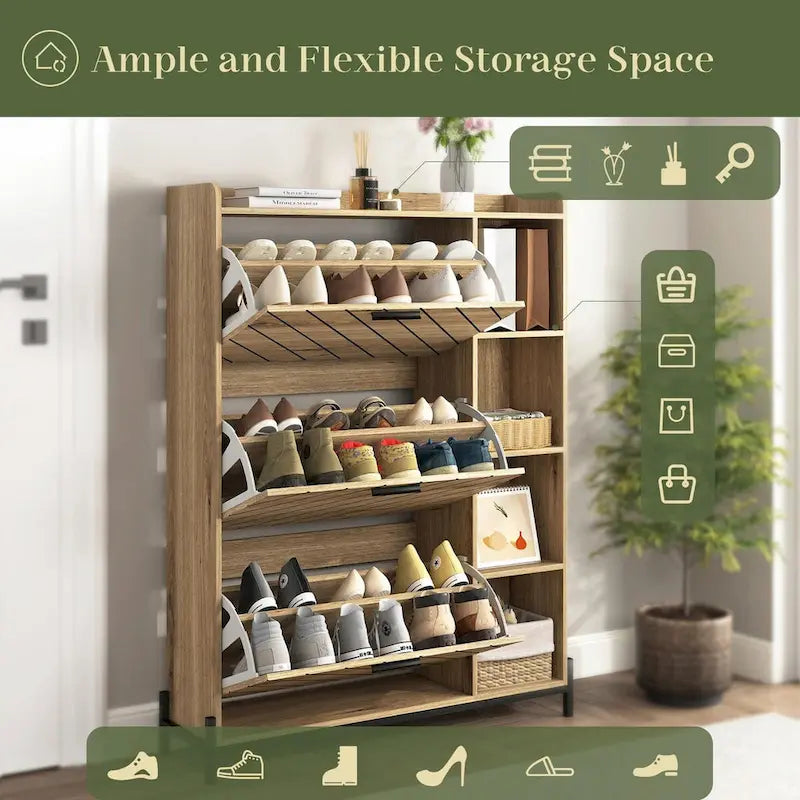 Armario zapatero abatible de 3 puertas con estante abierto, negro/natural – 1 persona