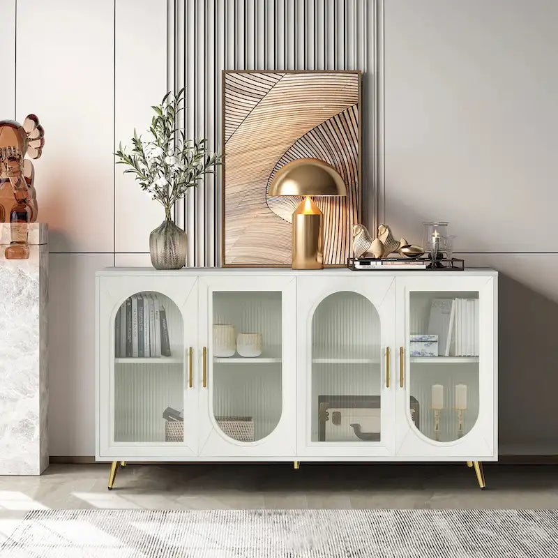Mueble para TV con gabinete de almacenamiento – Blanco / Azul marino / Oro antiguo – Asientos 1, 2 puertas