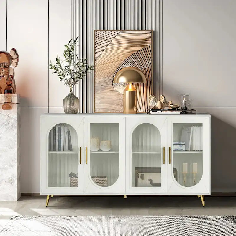 Mueble para TV con gabinete de almacenamiento – Blanco / Azul marino / Oro antiguo – Asientos 1, 2 puertas