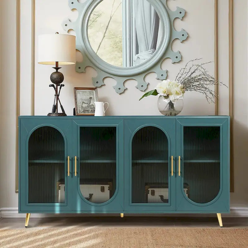 Mueble para TV con gabinete de almacenamiento – Blanco / Azul marino / Oro antiguo – Asientos 1, 2 puertas