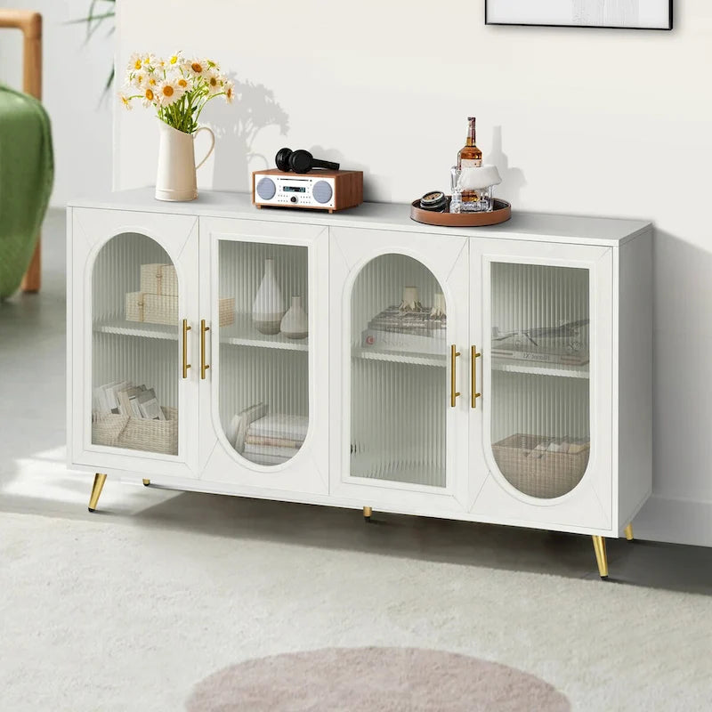 Mueble para TV con gabinete de almacenamiento – Blanco / Azul marino / Oro antiguo – Asientos 1, 2 puertas