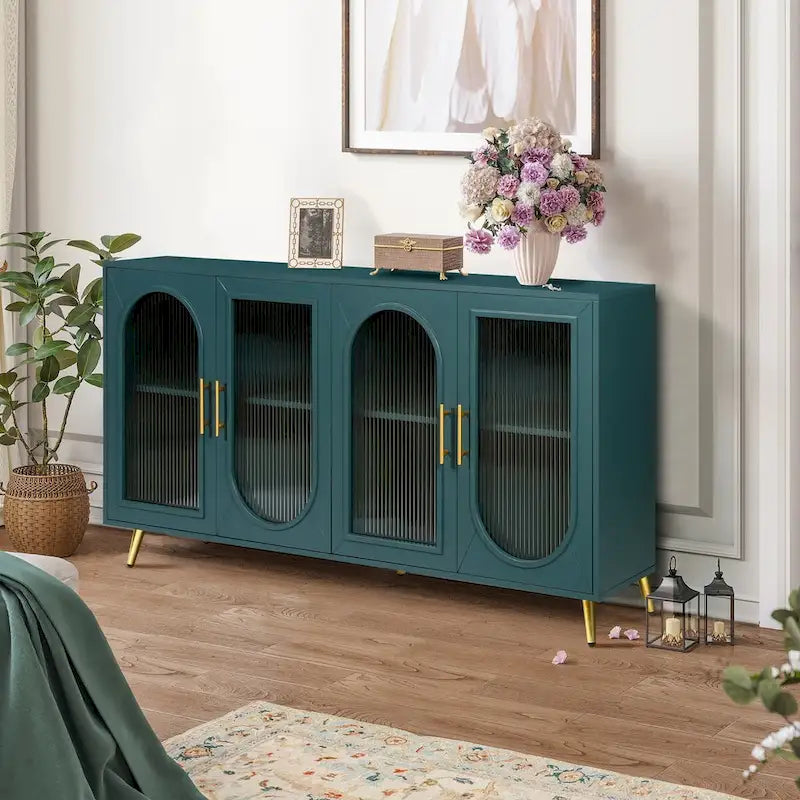 Mueble para TV con gabinete de almacenamiento – Blanco / Azul marino / Oro antiguo – Asientos 1, 2 puertas