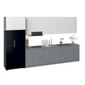 Juego de gabinetes de cocina modernos de brillo blanco y plateado, 3,96 m de ancho