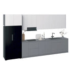 Juego de gabinetes de cocina modernos de brillo blanco y plateado, 3,96 m de ancho