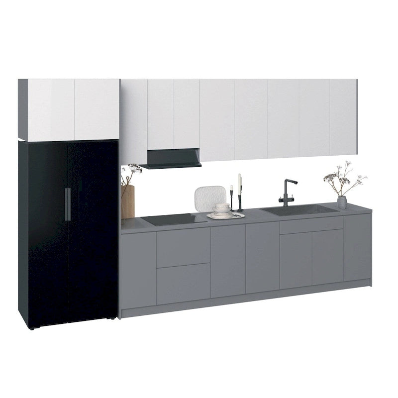 Juego de gabinetes de cocina modernos de brillo blanco y plateado, 3,96 m de ancho