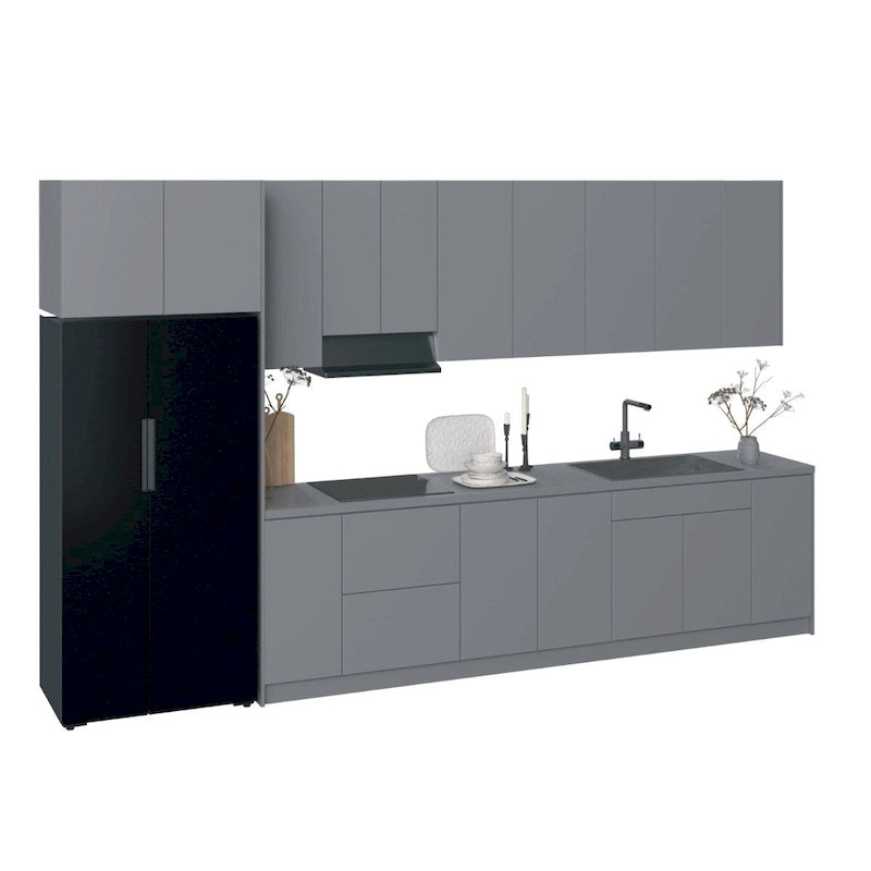 Juego de gabinetes de cocina modernos de brillo blanco y plateado, 3,96 m de ancho