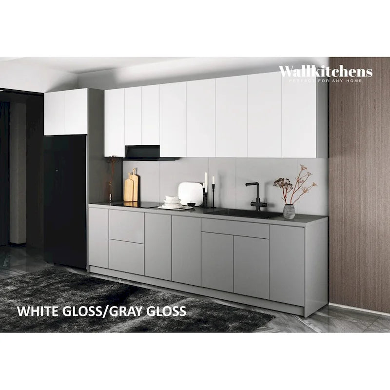 Juego de gabinetes de cocina modernos de brillo blanco y plateado, 3,96 m de ancho