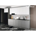 Juego de gabinetes de cocina modernos de brillo blanco y plateado, 3,96 m de ancho