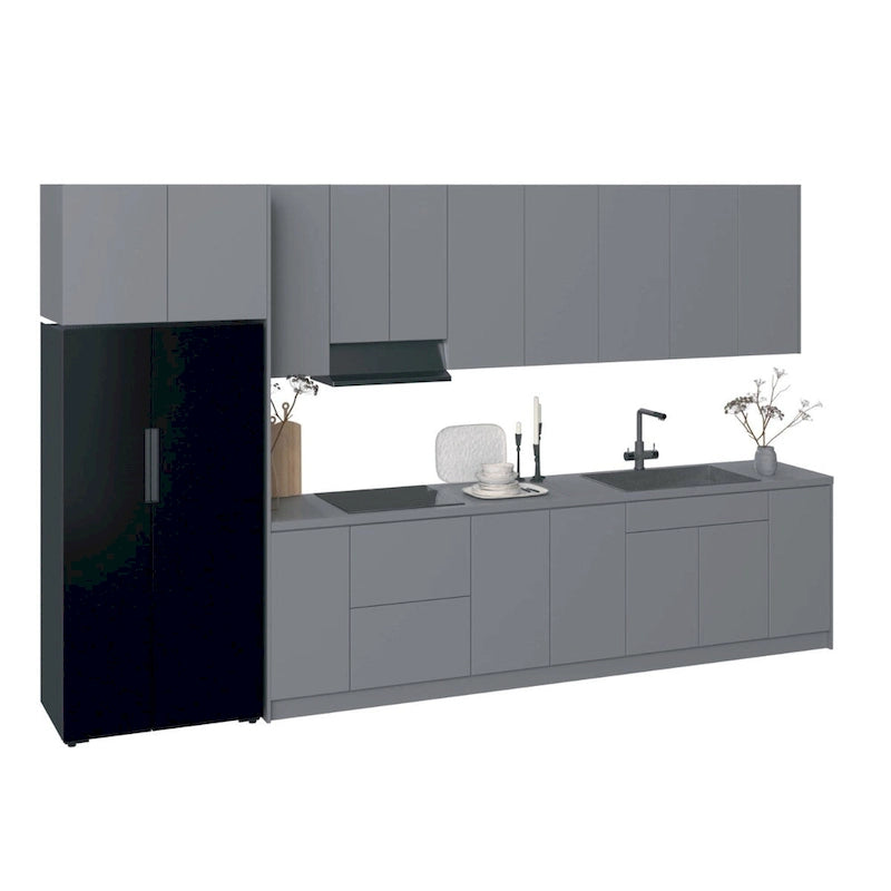 Juego de gabinetes de cocina modernos de brillo blanco y plateado, 3,96 m de ancho