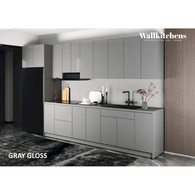 Juego de gabinetes de cocina modernos de brillo blanco y plateado, 3,96 m de ancho