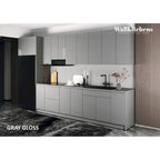 Juego de gabinetes de cocina modernos de brillo blanco y plateado, 3,96 m de ancho