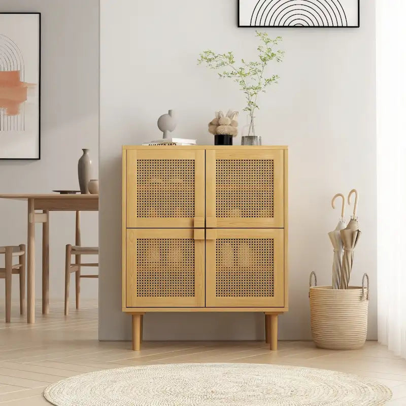 Armario de Almacenamiento de 4 Puertas con Malla de Ratán y 8 Estantes, Color Madera / Negro