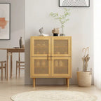Armario de Almacenamiento de 4 Puertas con Malla de Ratán y 8 Estantes, Color Madera / Negro