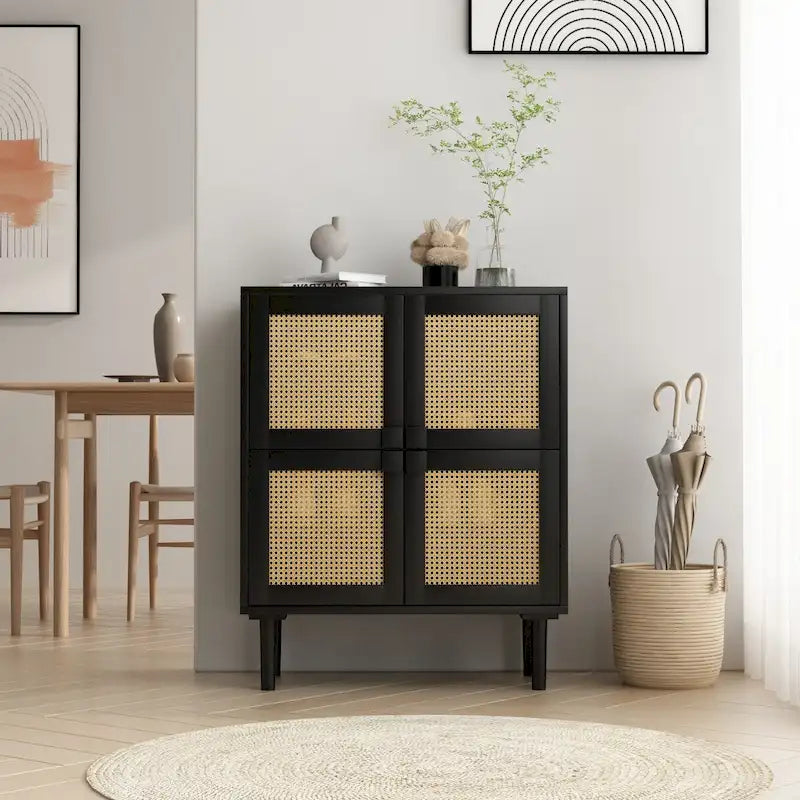 Armario de Almacenamiento de 4 Puertas con Malla de Ratán y 8 Estantes, Color Madera / Negro