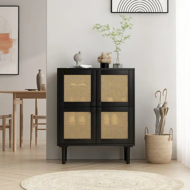 Armario de Almacenamiento de 4 Puertas con Malla de Ratán y 8 Estantes, Color Madera / Negro