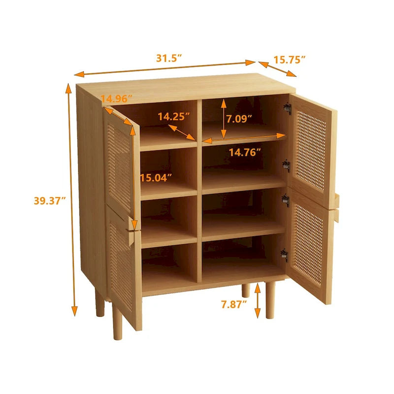 Armario de Almacenamiento de 4 Puertas con Malla de Ratán y 8 Estantes, Color Madera / Negro