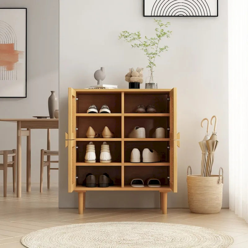 Armario de Almacenamiento de 4 Puertas con Malla de Ratán y 8 Estantes, Color Madera / Negro