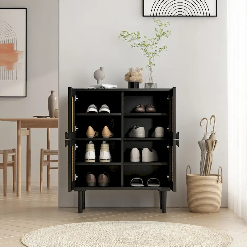 Armario de Almacenamiento de 4 Puertas con Malla de Ratán y 8 Estantes, Color Madera / Negro
