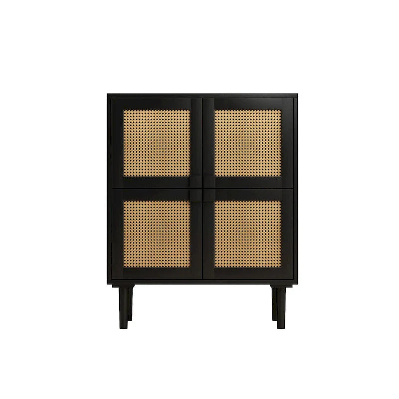 Armario de Almacenamiento de 4 Puertas con Malla de Ratán y 8 Estantes, Color Madera / Negro