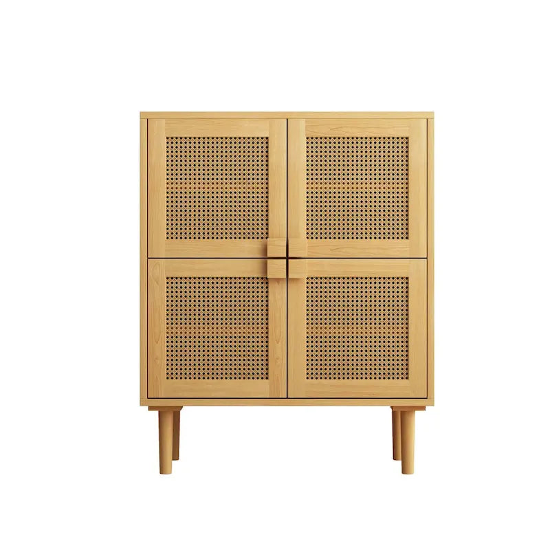 Armario de Almacenamiento de 4 Puertas con Malla de Ratán y 8 Estantes, Color Madera / Negro