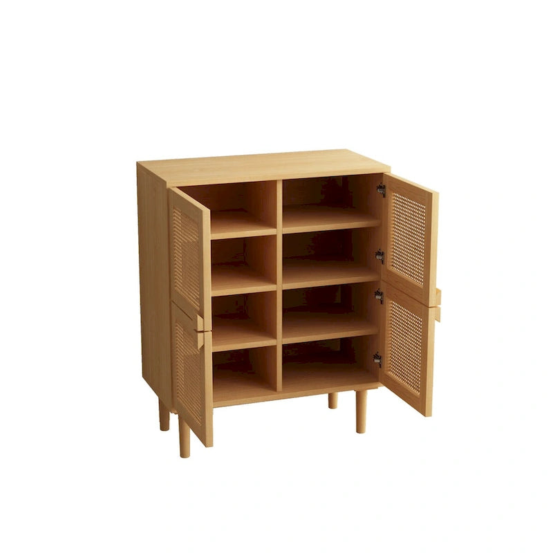 Armario de Almacenamiento de 4 Puertas con Malla de Ratán y 8 Estantes, Color Madera / Negro