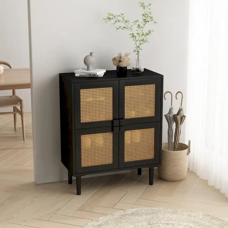 Armario de Almacenamiento de 4 Puertas con Malla de Ratán y 8 Estantes, Color Madera / Negro