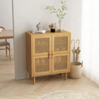 Armario de Almacenamiento de 4 Puertas con Malla de Ratán y 8 Estantes, Color Madera / Negro