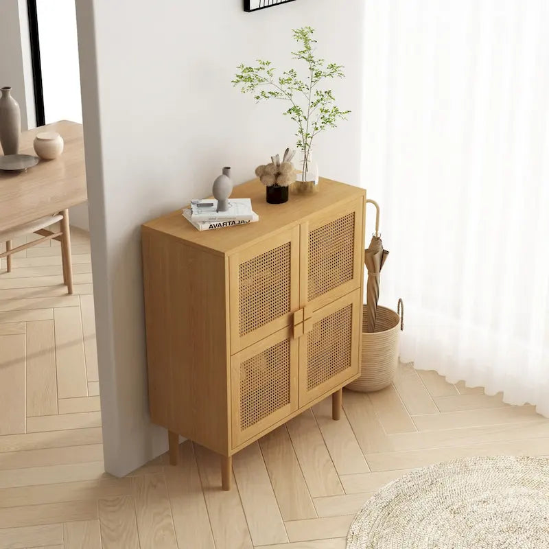 Armario de Almacenamiento de 4 Puertas con Malla de Ratán y 8 Estantes, Color Madera / Negro