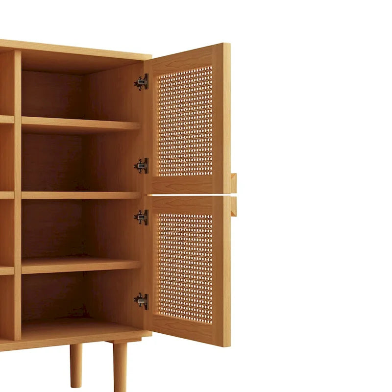 Armario de Almacenamiento de 4 Puertas con Malla de Ratán y 8 Estantes, Color Madera / Negro