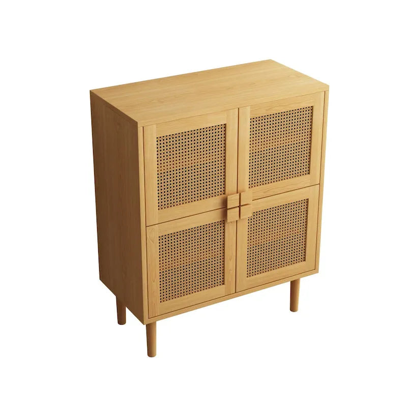 Armario de Almacenamiento de 4 Puertas con Malla de Ratán y 8 Estantes, Color Madera / Negro